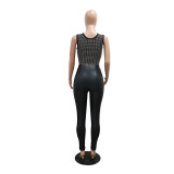 Women Sexy Sleeveless Round Neck See-Through Beaded Casual Crop Top