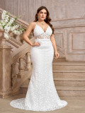 Plus Size Women Sexy White Suspender V-Neck Trailing Wedding Dress