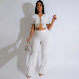 Women Short-sleeved Crop Top and Bell Bottom Pants Two-piece Set