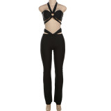 Women Summer Solid Hollow Sleeveless Halter Neck Crop Top and Pants Two-Piece Set