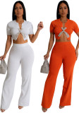 Women Short-sleeved Crop Top and Bell Bottom Pants Two-piece Set