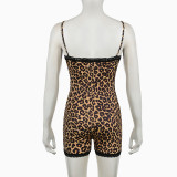 Women Elastic Sexy Leopard Print Lace U-neck Suspender Romper