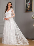 Women Fall and Winter Long Sleeve V-Neck Large Swing Trailing Lace Wedding Dress