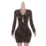 Sexy Deep V Neck Print Hollow Long Sleeve Women Slim Short Dress