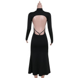 Autumn Sexy Low Back High Neck Long Sleeve Women long Dress