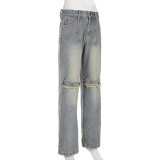 high street women's summer fashion loose button washed straight Denim Pants