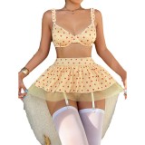 Sexy lingerie Heart Print printed mesh sexy temptation bra short skirt thong set