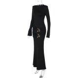 Women's autumn fashion Round Neck slim pleated long sleeve dress