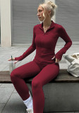 Autumn  winter fashion zipper high collar long sleeve top slim sports yoga pants two piece set