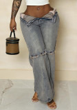 high street women's summer fashion loose button washed straight Denim Pants