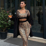 Women's autumn leopard print square neck Crop long sleeve top high waist Bell Bottom pants two-piece set