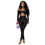 Women's off shoulder Knot Hollow Sexy High Waist Long Sleeve Jumpsuit