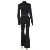 Women's autumn fashion Casual solid color zipper long sleeve top high waist Tight Fitting flared pants two piece set