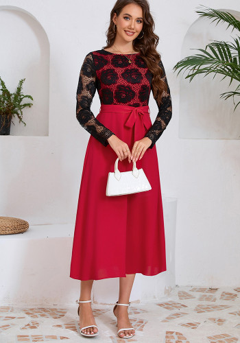 autumn women's Fashion slim Round Neck lace contrast color career dress