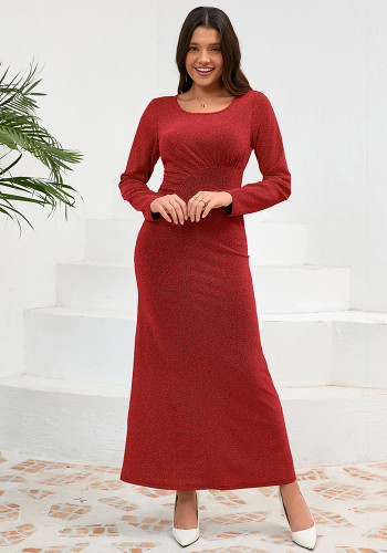 Autumn winter Round Neck long-sleeved shiny evening dress Slim Fit Formal Party Long gown