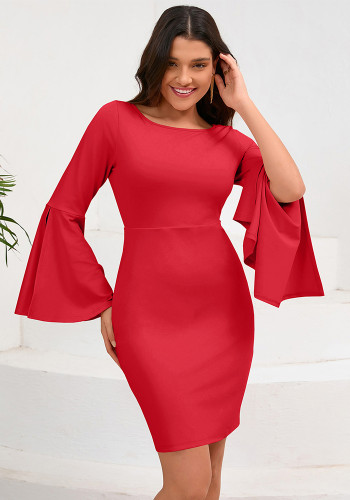 Autumn winter sexy women's Round Neck Bell Bottom sleeve Bodycon Dress