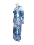 Plus size Women's Autumn winter Round Neck Long Sleeve Denim Pattern Print Slim Long Dress