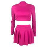 Women's fashion solid color Round Neck Crop slim long-sleeved top pleated short skirt two-piece set