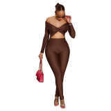 Women's off shoulder Knot Hollow Sexy High Waist Long Sleeve Jumpsuit