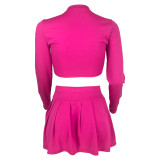 Women's fashion solid color Round Neck Crop slim long-sleeved top pleated short skirt two-piece set