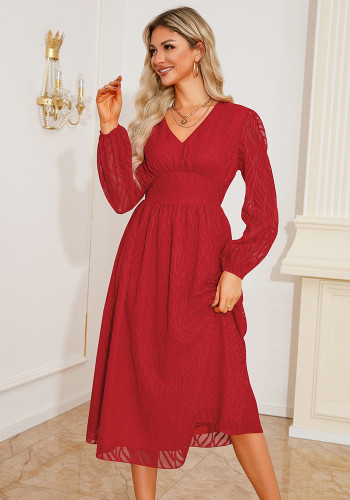 Women's v-neck jacquard long-sleeved a-line dress