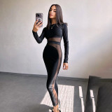 Autumn Women Slim Fit Mesh Patchwork Long Sleeve Tight Fitting Dress