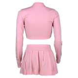 Women's fashion solid color Round Neck Crop slim long-sleeved top pleated short skirt two-piece set