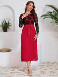 autumn women's Fashion slim Round Neck lace contrast color career dress