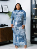 Plus size Women's Autumn winter Round Neck Long Sleeve Denim Pattern Print Slim Long Dress