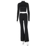 Women's autumn fashion Casual solid color zipper long sleeve top high waist Tight Fitting flared pants two piece set