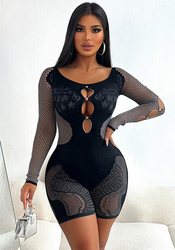 Women's solid color Off Shoulder slim sexy one-piece knitting long-sleeved hollow tight slim jumpsuit