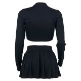 Women's fashion solid color Round Neck Crop slim long-sleeved top pleated short skirt two-piece set