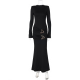 Women's autumn fashion Round Neck slim pleated long sleeve dress