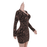 Sexy Deep V Neck Print Hollow Long Sleeve Women Slim Short Dress