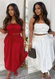 Sexy drawstring Strapless top high waist long skirt Casual two-piece set