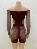 Women's solid color Off Shoulder slim sexy one-piece knitting long-sleeved hollow tight slim jumpsuit