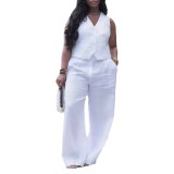 solid color V Neck Vest Wide Leg Pants two piece Set