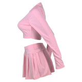 Women's fashion solid color Round Neck Crop slim long-sleeved top pleated short skirt two-piece set