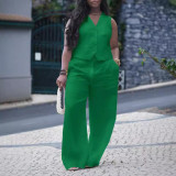 solid color V Neck Vest Wide Leg Pants two piece Set