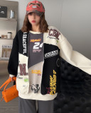 Plus Size trendy spring women's clothing contrast color Patchwork Letter print top loose Round Neck sweatshirt