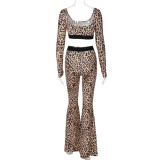 Women's autumn leopard print square neck Crop long sleeve top high waist Bell Bottom pants two-piece set