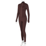 Autumn  winter fashion zipper high collar long sleeve top slim sports yoga pants two piece set