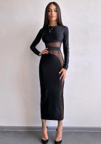 Autumn Women Slim Fit Mesh Patchwork Long Sleeve Tight Fitting Dress