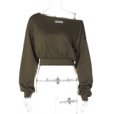 Women's autumn fashion short solid color Slash Shoulder Crop long sleeve top