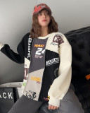 Plus Size trendy spring women's clothing contrast color Patchwork Letter print top loose Round Neck sweatshirt