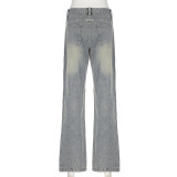 high street women's summer fashion loose button washed straight Denim Pants