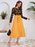 autumn women's Fashion slim Round Neck lace contrast color career dress