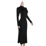 Autumn Sexy Low Back High Neck Long Sleeve Women long Dress