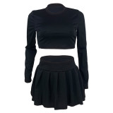 Women's fashion solid color Round Neck Crop slim long-sleeved top pleated short skirt two-piece set