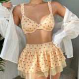Sexy lingerie Heart Print printed mesh sexy temptation bra short skirt thong set